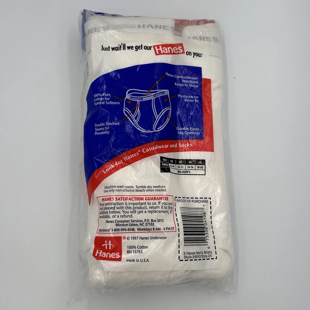 Vintage Hanes Underwear White Cotton Briefs Mens Size 2X 46-48 Made In USA 1997